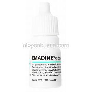 Emadine, Emedastine Eyedrops, 0.05% 5ml, Bottle front presentation with information