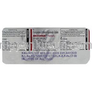 アセトアミノフェン/メトクロプラミド, メトパー METOPAR 500mg/ 5mg 錠 (COSME FARMA) 包装裏面