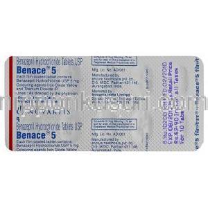 ベナゼプリル(チバセンジェネリック),Benace, 5mg 錠  (Novartis) 包装裏面