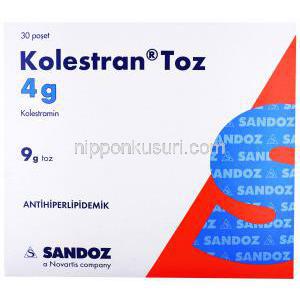 コレストラン,コレスチラミン　細粒,　箱表面,4g,製造元： Sandoz a Novartis