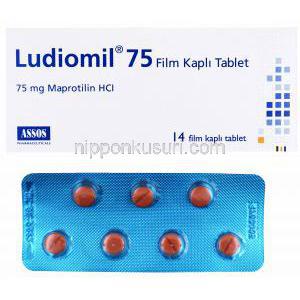 ルジオミール,　マプロチリン　75mg  14錠, 製造元：Assos Pharmaceuticals,箱,シート表面