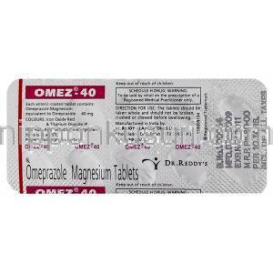 オメズ Omez, オメプトロール ジェネリック, オメプラゾール カプセル 40mg 錠 (Dr.Reddy's) 包装裏面