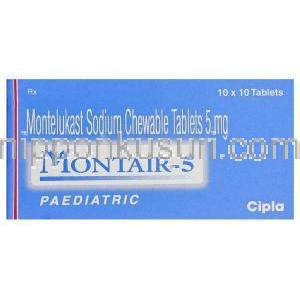 モントエア Montair, シングレア ジェネリック, モンテルカスト 5mg 錠 (Cipla)