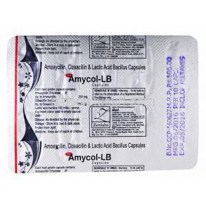 Amoxycillin/ Cloxacillin & Lactic Acid Bacillus Capsules, 250 mg, 10 capsules, blister pack back presentation