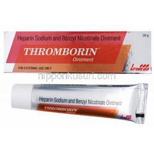 Heparin Gel/ Ointment, Thromborn ointment, Heparin Sodium and Benzyl Nicotinate Ointment, 20g, box and tube front presentation