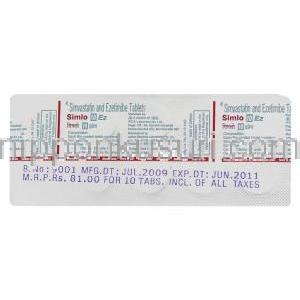 シムロEZ Simlo EZ, バイトリン ジェネリック, エゼチミブ・シンバスタチン合剤 10mg/10mg 錠 (IPCA) 包装裏