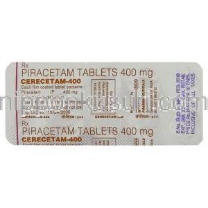 セレセタム Cerecetam, ミオカーム ジェネリック, ピラセタム 400mg 錠 (Intas) 包装裏面
