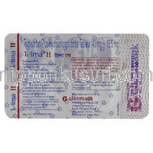 テルミサルタン/ヒドロクロロチアジド配合, Telma-H, 40mg/ 12.5mg錠 (Glenmark) 包装　情報