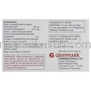 テルミサルタン/ヒドロクロロチアジド配合, Telma-H, 40mg/ 12.5mg錠 (Glenmark) 箱　情報