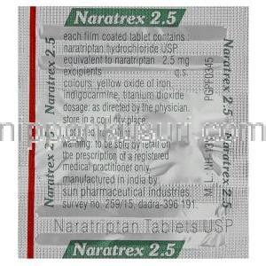 ナラトリプタン （アマージ  ジェネリック）, Naratrex, 2.5mg 錠 (Sun Pharma) 包装