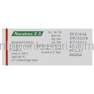 ナラトリプタン （アマージ  ジェネリック）, Naratrex, 2.5mg 錠 (Sun Pharma) 製造者情報