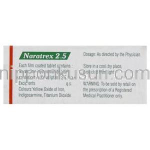 ナラトリプタン （アマージ  ジェネリック）, Naratrex, 2.5mg 錠 (Sun Pharma) 成分