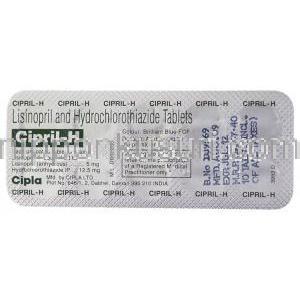 リシノプリル / ヒドロクロロチアジド配合, Cipril-H, 5mg/12.5mg 錠 (Cipla) 包装裏面