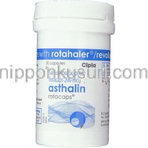 サルブタモール（ベントリン ジェネリック）, Asthalin,   200mcg 吸入用カプセル (Cipla) 容器