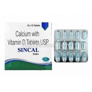 Sincal, Calcium and Vitamin D3 box and  tablets