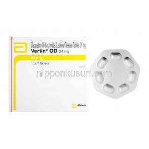 ベルチン OD, ベタヒスチン　24mg, 製造元：アボット,箱表面, 錠剤