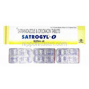 サトロジル O (サトラニダゾール/ オフロキサシン) 箱、錠剤