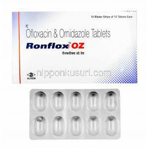 ロンフロックス OZ (オフロキサシン/ オルニダゾール) 箱、錠剤
