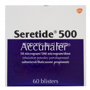 セレタイド 500 アキュヘラー,　サルメテロール 50mcg/ フルチカゾン 500mcg, 製造元：GSK,箱表面