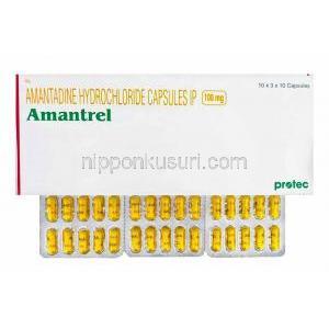 アマンタジン (シンメトレルジェネリック), Amantrel, 100mg (CIPLA) 箱、カプセル