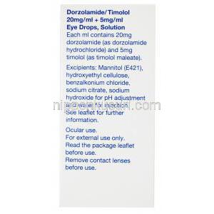 ドルゾラミド20mg/ml＆チモロール5mg/ml　配合点眼薬, 製造元：ゼンティバ, 箱側面情報