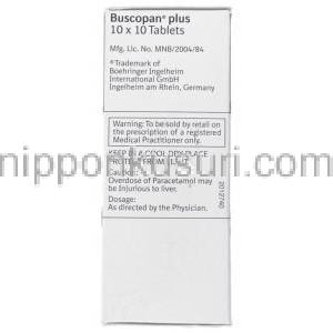 ヒヨスチン / ブチルブロミド / アセトアミノフェン配合, Buscopan Plus, 10MG / 500MG 錠 (Boehringer Ingelheim) 成分