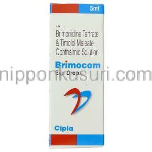 ブリモニジン酒石酸塩/チモロールマレイン酸塩, Brimocom, 2mg / 5mg 点眼液(Cipla) 箱