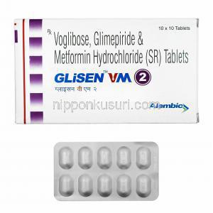 グリセン VM (グリメピリド/ メトホルミン/ ボグリボース) 2mg 箱、錠剤