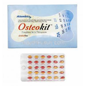 オステオキット (カルシウム/ カルシトリオール/ 亜鉛/ イバンドロン酸) 箱、カプセルと錠剤