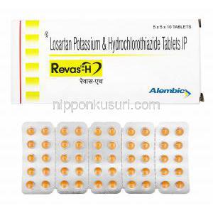 リバス H (ロサルタン/ ヒドロクロロチアジド) 箱、錠剤