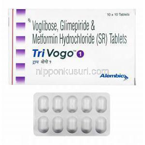 トリボゴ (グリメピリド 1mg/ メトホルミン 500mg/ ボグリボース 0.2mg) 箱、錠剤