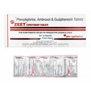 ジート 去痰薬 (フェニレフリン/ アンブロキソール/ グアイフェネシン) 箱、錠剤