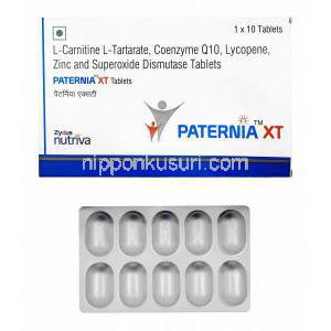 パテルニア XT (レボカルニチン/ コエンザイムQ10/ リコピン/ 亜鉛) 箱、錠剤