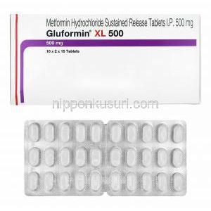 グルホルミン XL (メトホルミン) 1000mg 箱、錠剤