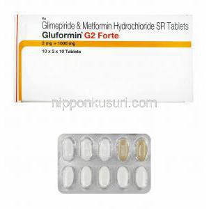 グルフォルミン G (グリメピリド 2mg/ メトホルミン 1000mg) 箱、錠剤