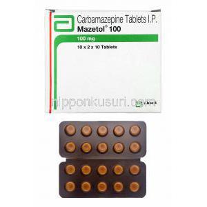 マゼトール (カルバマゼピン) 100mg 箱、錠剤