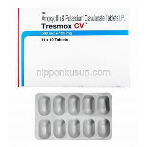 トレスモックス CV (アモキシシリン/ クラブラン酸) 500mg 箱、錠剤