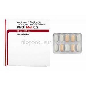 PPG メット (メトホルミン/ ボグリボース) 0.2mg 箱、錠剤