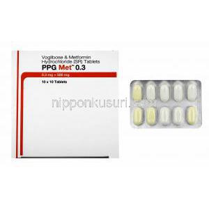 PPG メット (メトホルミン/ ボグリボース) 0.3mg 箱、錠剤
