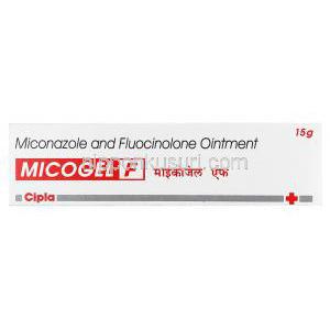 ミコゲルF, フルオシノロン,ミコナゾール軟膏 15g, 製造元：Cipla,箱表面