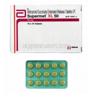 スーパーメット XL (メトプロロール) 50mg 箱、錠剤