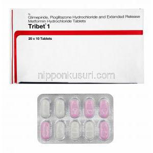 トリベット (グリメピリド/ メトホルミン/ ピオグリタゾン) 1mg 箱、錠剤