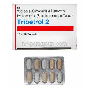 トリベトロール (グリメピリド 2mg/ メトホルミン 500mg/ ボグリボース 0.2mg) 箱、錠剤
