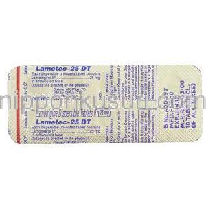 ラメテック-25 DT Lametec-25 DT, ラミクタールジェネリック, ラモトリジン 25mg 錠 (Protec/Cipla) 包装裏面