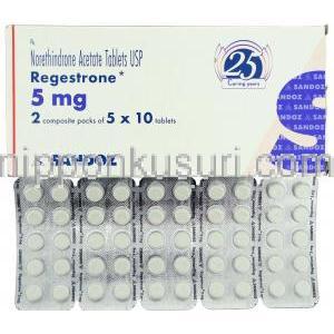 プロジェストロン Regestrone, プロゲスチン ジェネリック, ノルエチンドロン酢酸エステル 5mg 錠 (