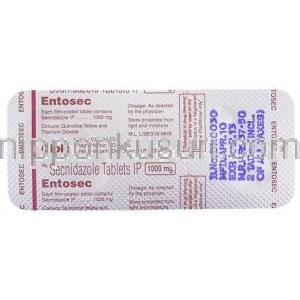 セクニダゾール（セクニダゾール ジェネリック）, Entisec 1,000mg 錠 (Cipla) 包装裏面