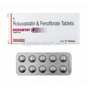 ロズスタット F (フェノフィブラート/ ロスバスタチン) 10mg 箱、錠剤