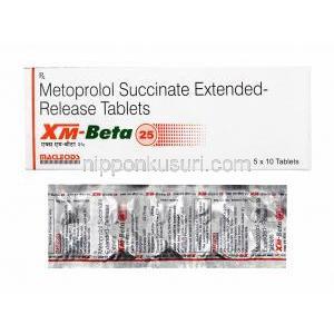 XMベータ (メトプロロール) 25mg 箱、錠剤