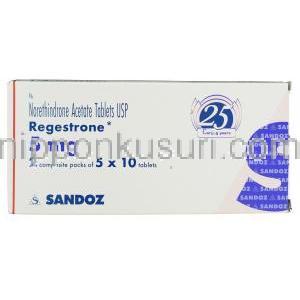リジェストロン Regestrone, ノルエチンドロン酢酸エステル 5mg 錠 (Sandoz) 箱