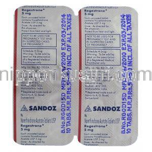 リジェストロン Regestrone, ノルエチンドロン酢酸エステル 5mg 錠 (Sandoz) 包装裏面
